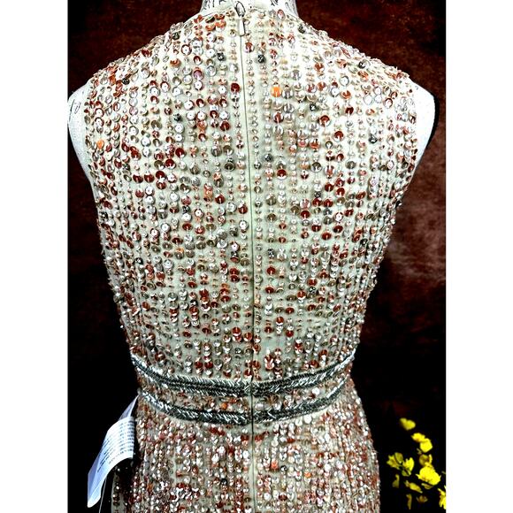 Mac Duggal Sleeveless High Neck Beaded Sheath Dress Nude 4 - Picture 9 of 14